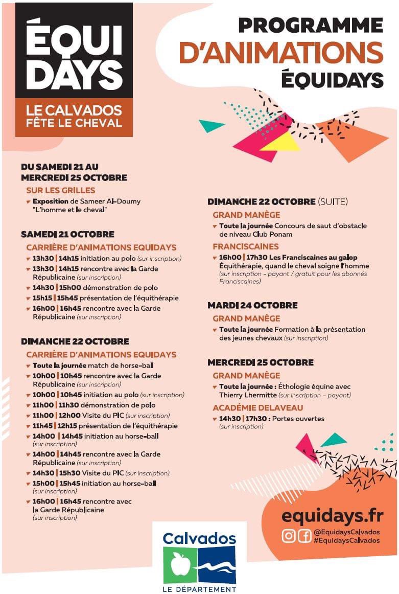 AcadmieDelaveau's tweet image. Les #EquiDays, c’est du 21 au 25 octobre ! Avec des portes ouvertes de l’Académie Delaveau mercredi 25 de 14h30 à 17h30 au @PIC_Deauville 🐎