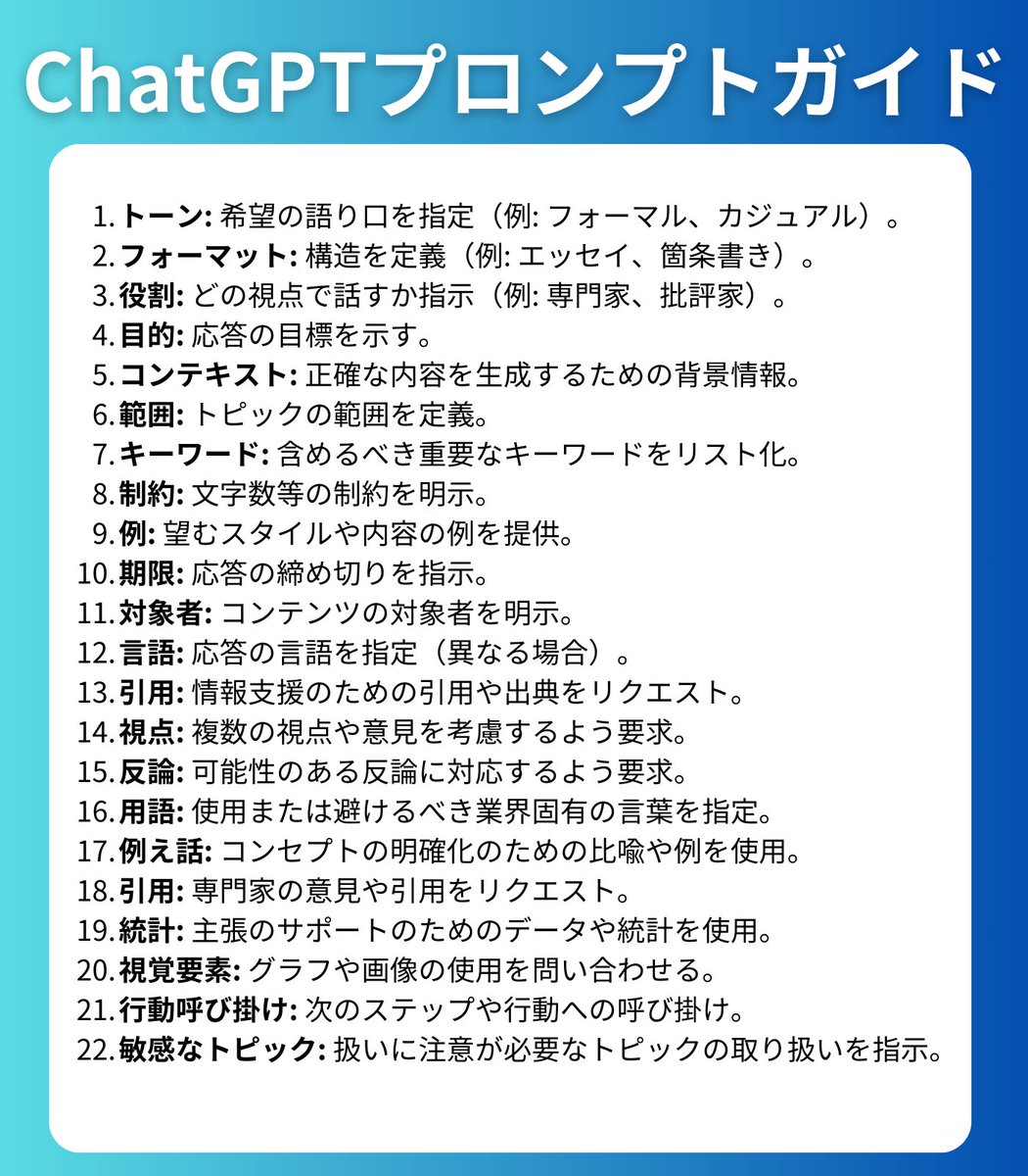 chatgptair's tweet photo. 海外でバズった『究極のプロンプトガイド』

超有用だったため、まとめました

これを知っているか知らないかで周りと大きな差がつきます。

ブックマーク保存をおすすめします↓ https://t.co/a419bPlOTS
