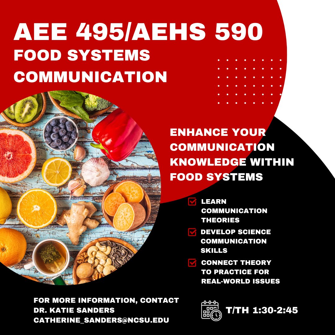 AHSNCState's tweet image. 📣 AEE 495/AEHS 590: Food Systems Communication is a new mixed-level undergraduate/graduate level course focused on science communication within agri-food systems. For more information, please contact Katie Sanders. 
#NewCourse #AHSNCState #ThinkandDo #FoodSystems #AgComm