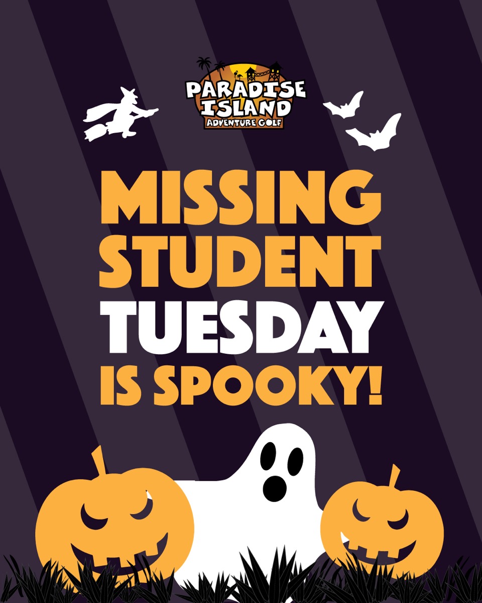 PiagDerby's tweet photo. Remember - students play 2 courses (36 holes) for £8.50 on Tuesdays between 12 and 6pm at Paradise Island Adventure Golf Derby. Missing out will haunt you! 👻 https://t.co/kl5YXm9gDW