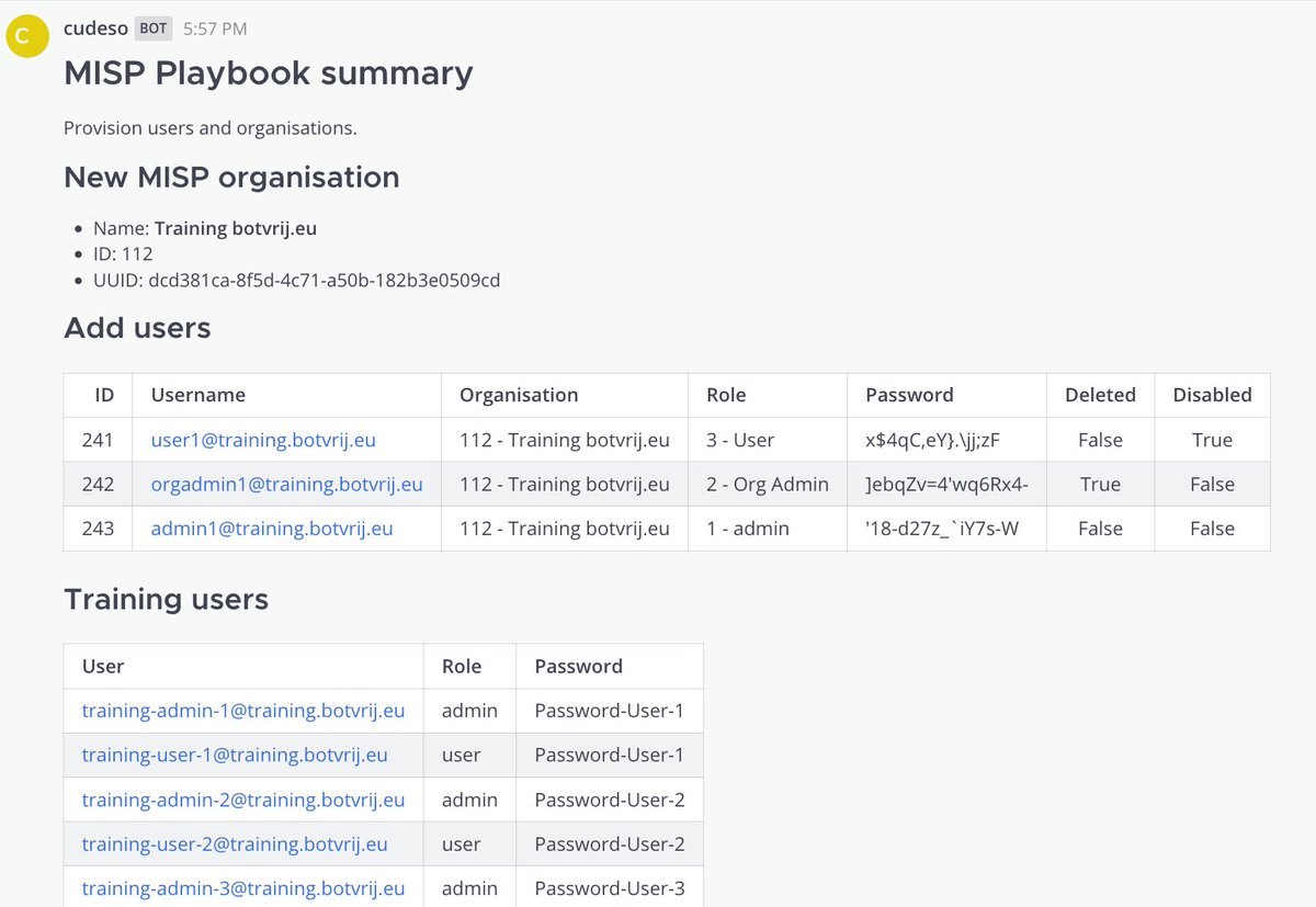 There's a new @MISPProject playbook that shows how to create users and organisations, get user logs and create large number of users at once (fe. for trainings). All with PyMISP. github.com/MISP/misp-play…) , inspired by misp_control from @rommelfs github.com/rommelfs/misp_…