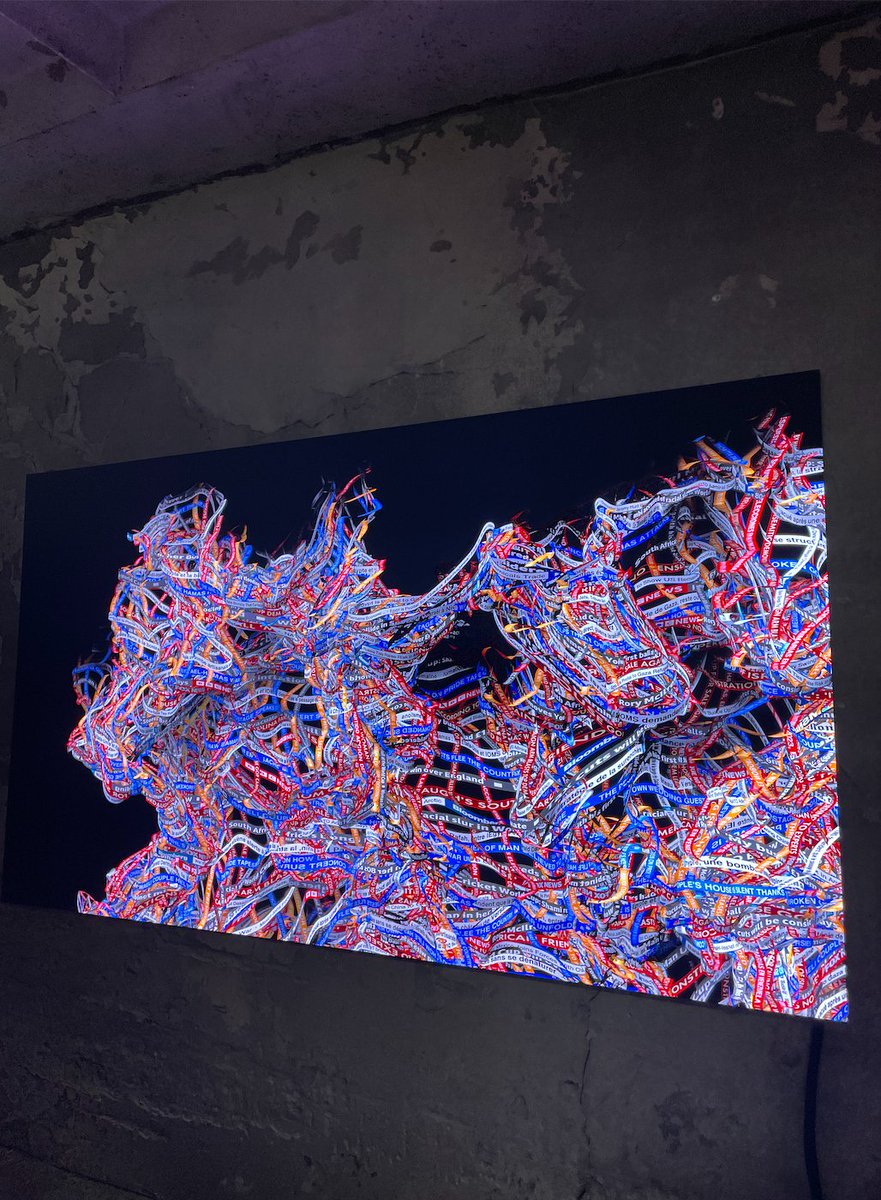 1703_collective's tweet image. #Offscreen art fair in the former Grand Garage Haussmann was a must! We loved these works by LA based artist @DanielCanogar

&quot;Chyron&quot; superimposes captions from international TV channels, creating a chaotic fabric representing the ecosystem of contradictory information.