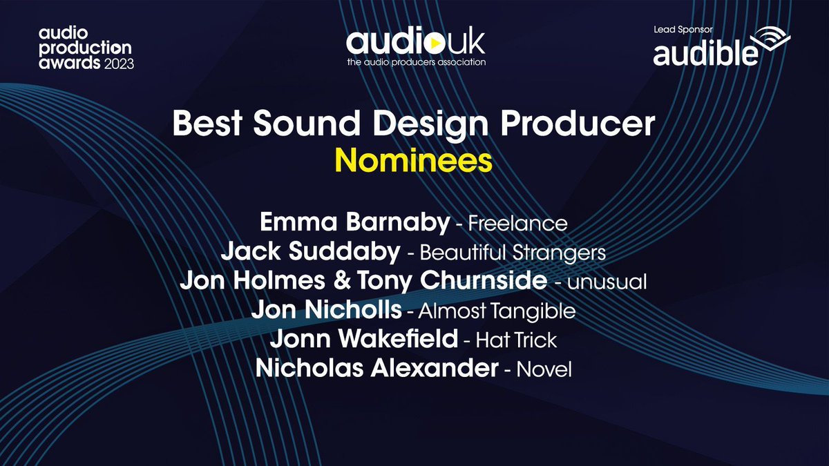 🥳 to Naked's @TonyChurnside, @jonholmes1 and @weareunusual_ who have been nominated for Best Sound Design Producer at #APAs23!

👏 to: @emma_barnaby, @_jacksuddaby, @jonnicholls, @_almosttangible, Jonn Wakefield, @HatTrickProd, @audibleuk, @n1ck_alexander, @novelpodcasts.