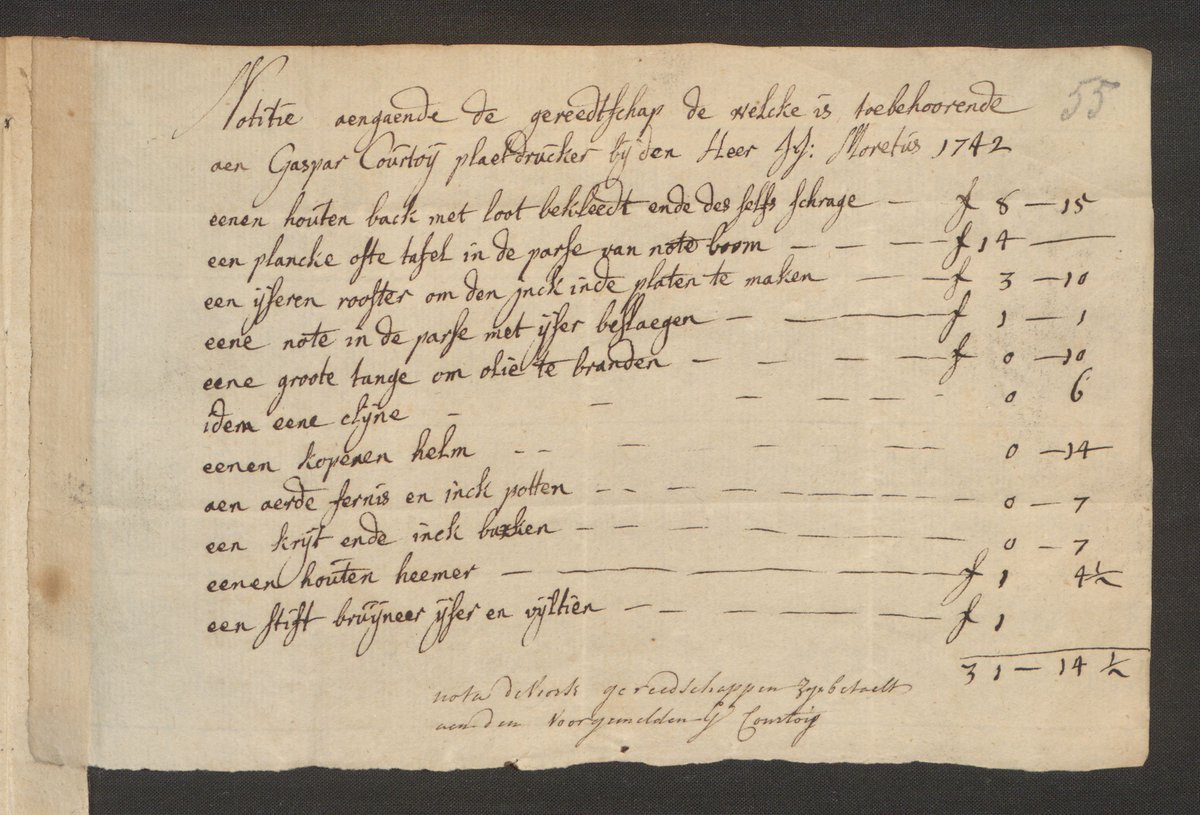 The intaglio printers at the #PlantinPress seem to have made their own printing ink. This explains the presence in Gaspar Courtois’s 1742 tool list of 2 pairs of pliers for burning oil. Apart from tools for making lampblack, the list included clay pots for keeping varnish and ink