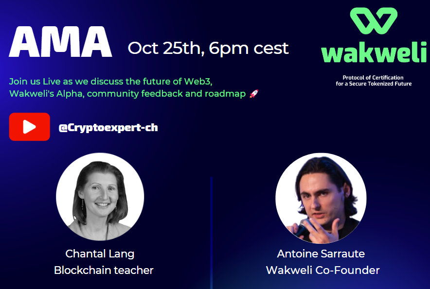 WakweliChain's tweet photo. 📢 AMA session tomorrow!
Join us with our Co-founder and CTO, @antoine_svc, on @Chantal_Lang's channel
🗓️ October 25th 6PM cest
Get ready to:
➡️Discuss about the Alpha
➡️Catch the latest news
➡️Talk roadmap
📺 Join the conversation: https://t.co/n9QxPVXdmz https://t.co/ccBlYZLifm