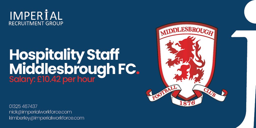 📣Calling all hospitality staff! 📣  Our team at Imperial Workforce is on the lookout for bar staff for this weekend’s game at Middlesbrough FC🥅⚽

01325467437 kimberley@imperialworkforce.com nick@imperialworkforce.com  imperialrecruitmentgroup.com 
#mfc #UTB