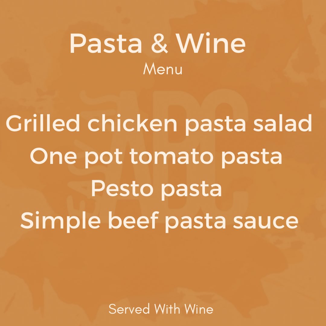 22B’s Sip &amp; Cook Menu Options:

Thai &amp; Cocktail 
Bruschetta &amp; Prosecco 
Pasta &amp; Wine