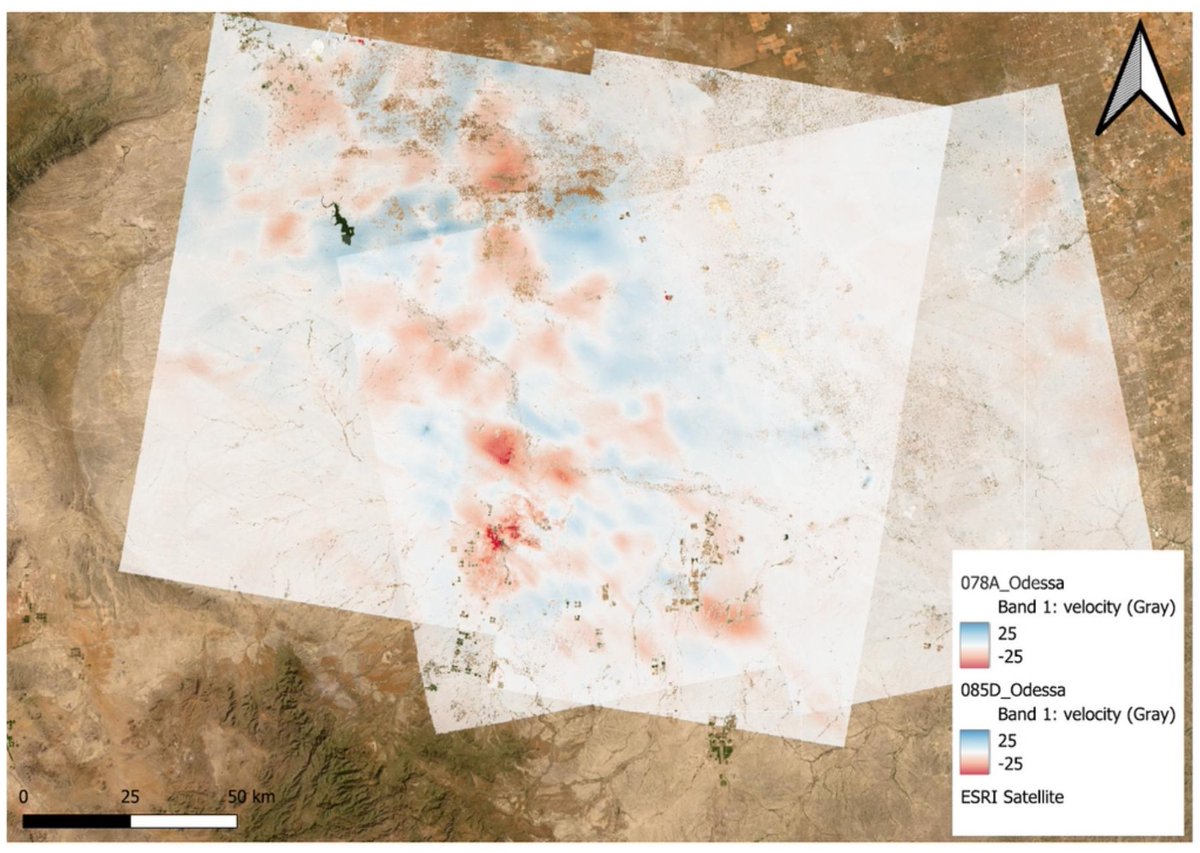 SatSenseLtd's tweet image. #InSAR is capable of monitoring #subsidence caused due to #oilextraction &amp;amp; #heave due to co-produced waste brine. Analysing the #WestTexas oil fields, we can see a vertical &amp;amp; horizontal displacement due to the probable disposal of waste brine at an injection site. #oilandgas