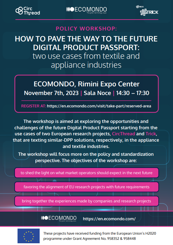 CircThread's tweet photo. 📢2 WEEKS left for ECOMONDO!!!
😜Don't miss the Workshop organised by @CircThread &amp; @Trick!
👉Don't forget to register! https://t.co/v9FmUT2qaV
#circulareconomy #circthread #openaccess #reusereducerecycle #rawmaterials #H2020 #euronews #DPP #DigitalProductPassport #recycling https://t.co/9MHYgex8Rb