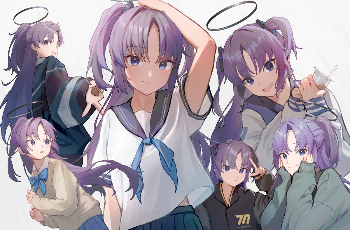 yuuka (blue archive) 1girl purple hair school uniform halo long hair multiple views smile  illustration images