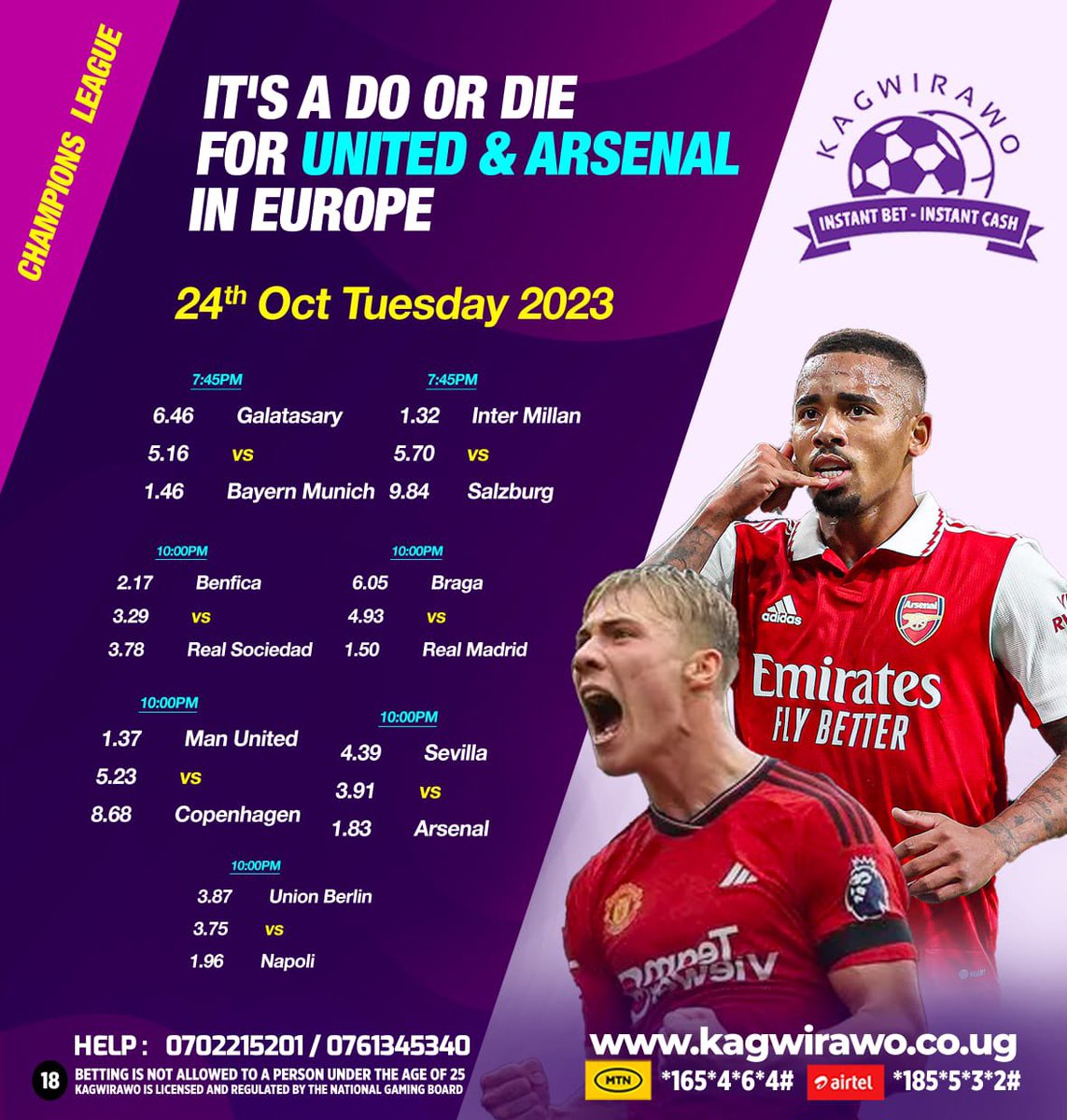 Champions League football returns tonight with Arsenal and Man United in action You have a chance to make some money when you bet via kagwirawo.co.ug #KagwirawoUpdates | #UCL