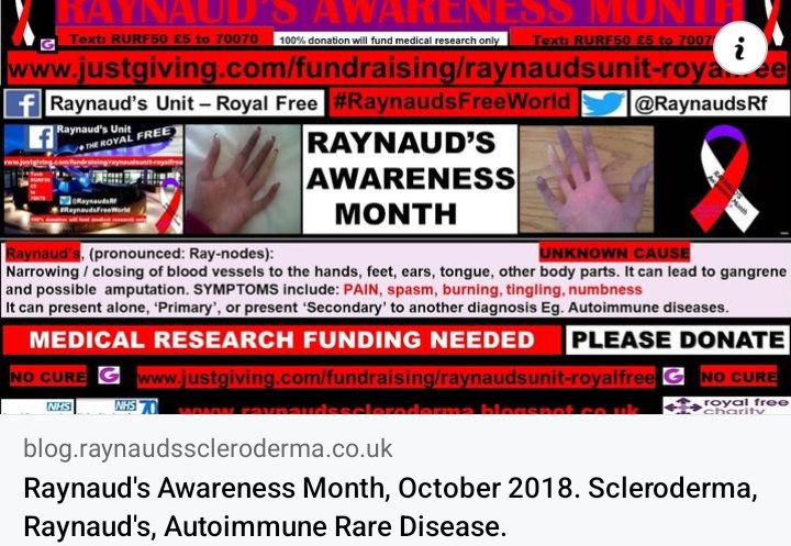 #RaynaudsAwarenessMonth
raynaudsrf.blogspot.com/2020/03/raynau… 
#RaynaudsFreeWorld #Research #Raynauds
Donate to research: 
justgiving.com/fundraising/ra… @RoyalFreeChty @RoyalFreeNHS
#Vasospasm #BlueFingers #BlueToes #Pain #DigitalUlcers #Gangrene #Amputation  #VascularNeuropathy #RaynaudsAware