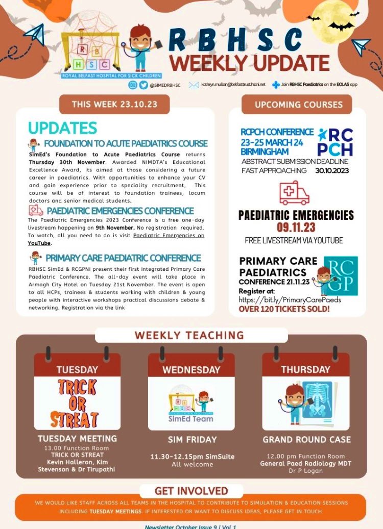 Fast approaching Hallowe’en break 🎃and what a first term from @katemullan8 🌟- fantastic sim & ed opportunities/events across RBHSC, Paediatrics & beyond coming up for all HCPs & students @PaedEmergencies @RCPCHIreland @rcgp_ni @_NIMDTA @QUBMedEd @UlsterUniMed @NIPaedsTrainees