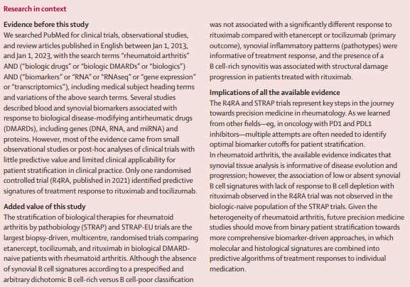 NEW—Biopsy-driven trial in biologic-naive patients with #rheumatoidarthritis; stratification by synovial B cell status did not predict response to B cell depletion with rituximab compared with alternative treatment strategies (etanercept and tocilizumab) thelancet.com/journals/lanrh…