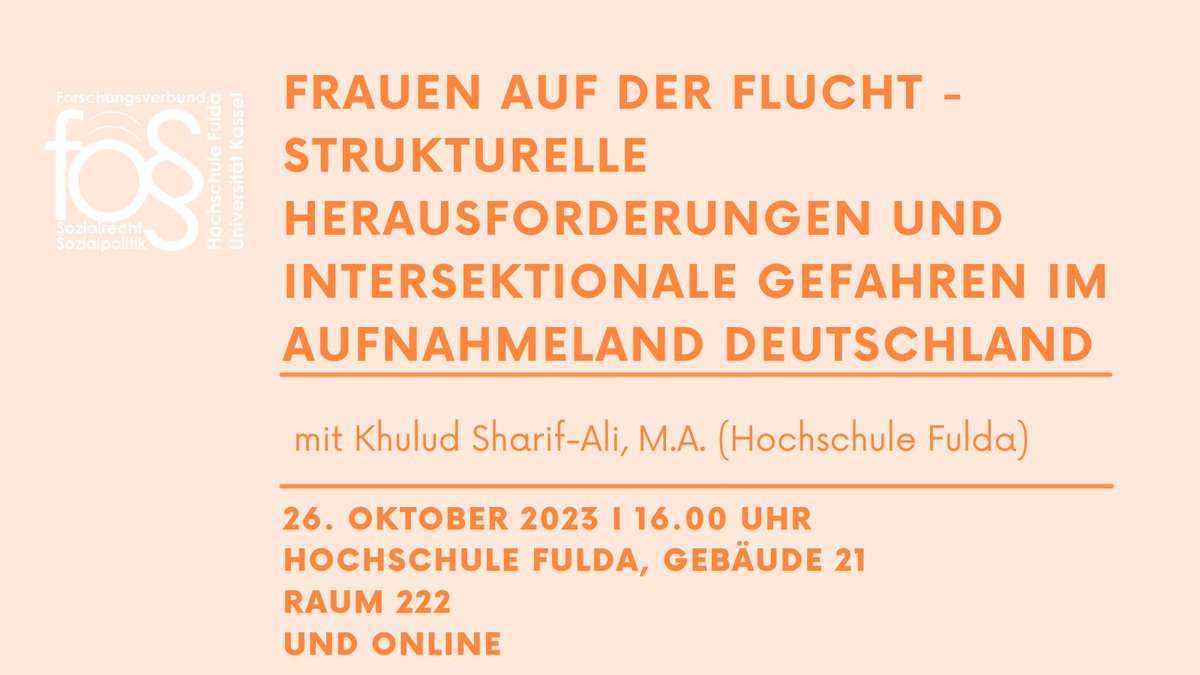 Willkommen im Wintersemester 2023/24! 🥳Wir starten gleich mit einer spannenden Veranstaltung zu Frauen auf der Flucht!
⏰26.10.23, 16 Uhr
📍Hochschule Fulda und online

➡️Anmeldungen bei: nicola.diedrich@sk.hs-fulda.de