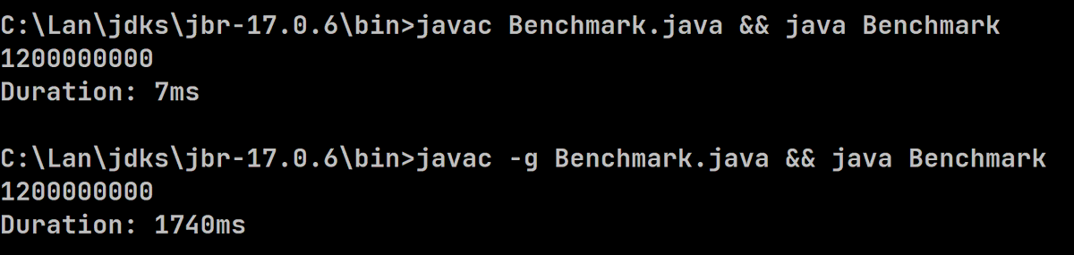 Here's a Java benchmark puzzle for you. Compile and run this code with ...