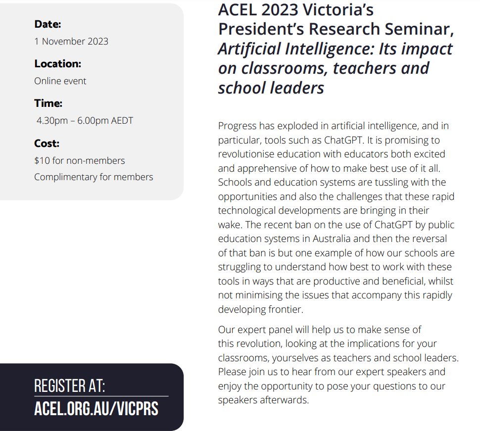 Register for next week's <a href="/acelaustralia/">ACEL</a>
Victoria’s President’s Research Seminar - Artificial Intelligence: Its impact on classrooms, teachers and school leaders ACEL.ORG.AU/VICPRS