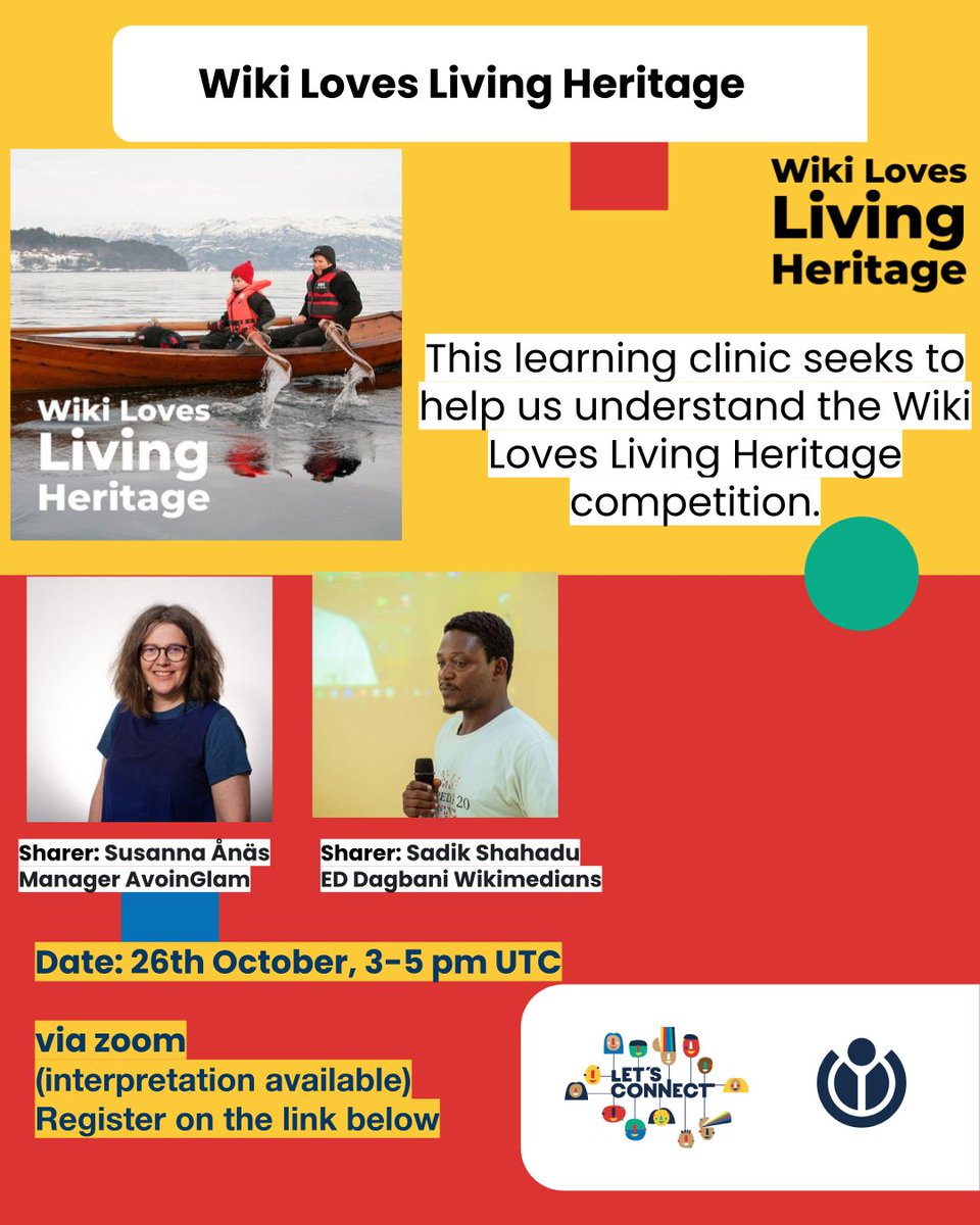 Eager to understand the role of "Wiki Loves Living Heritage" and how <a href="/Wikimedia/">Wikimedia Foundation</a> projects can help safeguard living heritage? Dive into this Learning Clinic and get some tips &amp; tricks from <a href="/susannaanas/">@susannaanas@wikis.world</a> and <a href="/Sadike25/">Sadik Shahadu 🇬🇭✊🏾</a>
Oct 26 2023 at 3 PM UTC.

Register via forms.gle/EPYiM9JUgSrkUw…