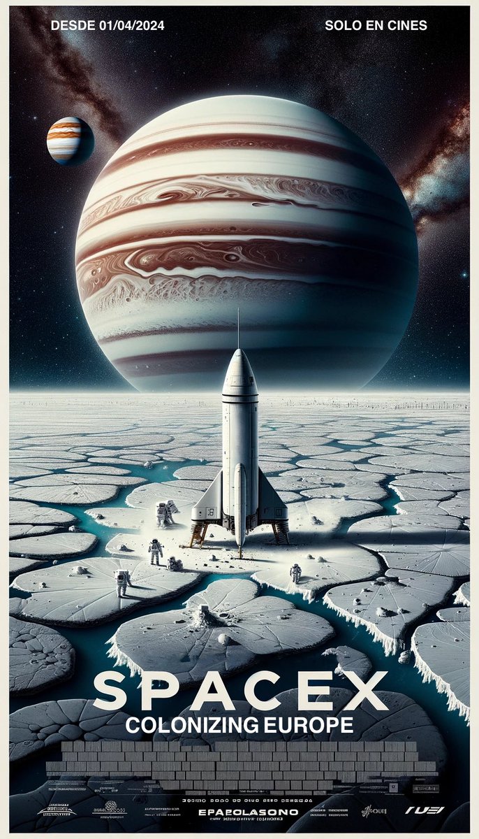 Alterthink_info's tweet photo. SpaceX desvela los misterios de Europa, la luna de Júpiter, en una audaz misión colonizadora. Entre hielos y océanos ocultos, ¿descubriremos vida en el cosmos? 🚀✨ #SpaceXColonizingEurope 
01/04/2024. Solo en Cines https://t.co/grLygq3RfK