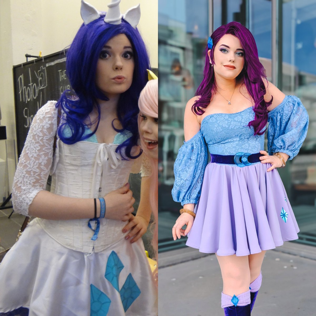 Long time no see Miss Rarity!💜🌟 It does feel a little weird to cosplay from My Little Pony in 2023.. but it was really fun! And also fun to compare it to how I did it back in 2014. that was an original design, vs. Now with equestria girl #mlp #mylittlepony #rarity #cosplay