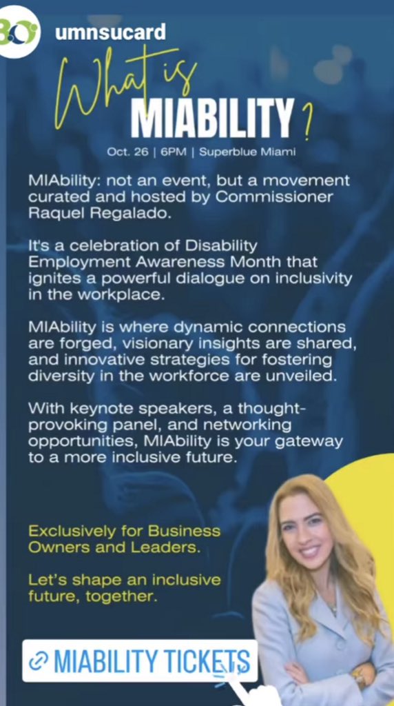 Join ⁦@RaquelRegalado⁩ for a Disability Employment Panel and Networking event she is hosting on October 26th from 6-8:30 PM. Register for the event: miability.eventbrite.com See you there! ⁦@MiamiDadeBCC⁩ ⁦@MiamiDadeCounty⁩