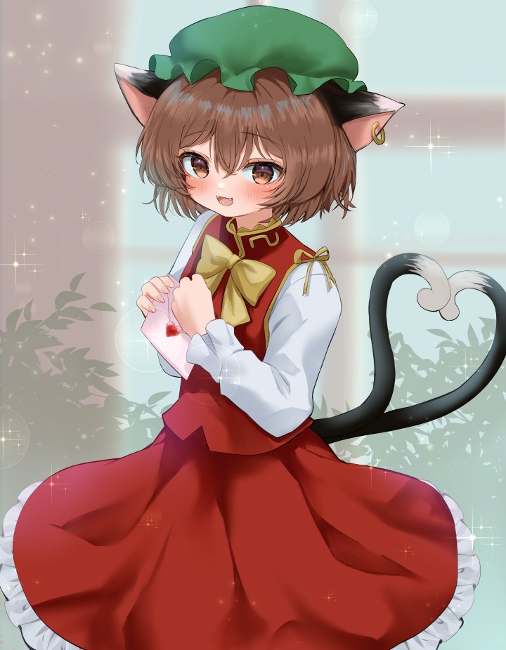 chen 1girl animal ears tail multiple tails brown hair heart tail solo  illustration images