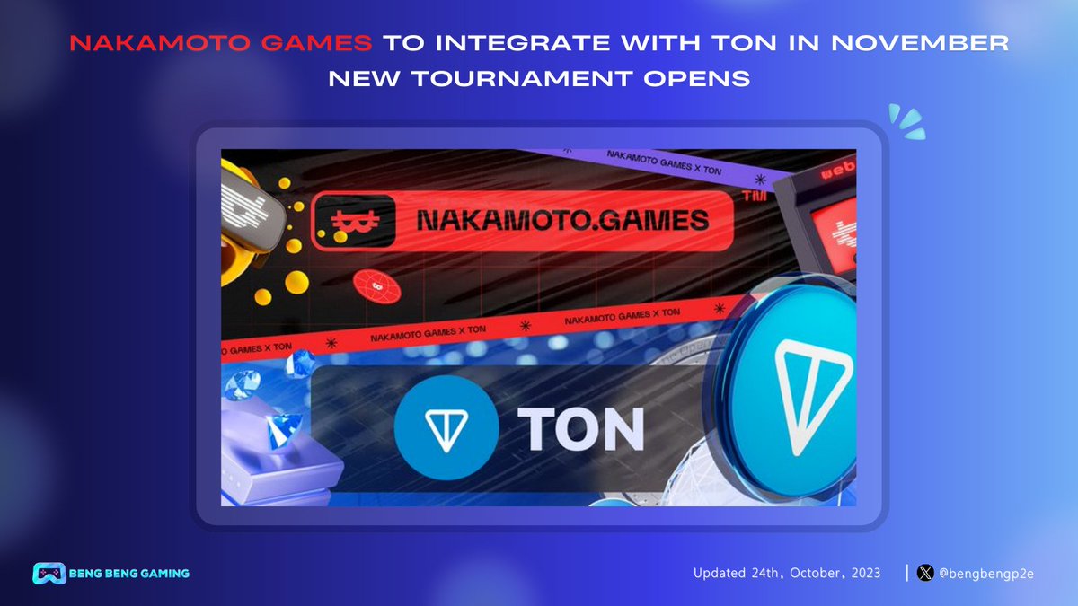 🎮 @NakamotoGames Integrates With #TON This November! 🔥 @NakamotoGames is joining forces with Telegram's $TON token. Soon, you can access #Web3 mini-games, NFTs, and more directly through your Telegram account. $NAKA token for 800M Telegram users! #P2E on the horizon. Sync…