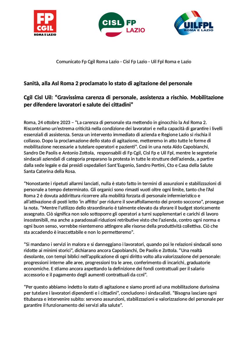 cisl_fplazio's tweet photo. 💢#Sanità, alla #AslRoma2 proclamato lo stato di #agitazione dei #lavoratori
#CgilCislUil: “Gravissima carenza di #personale, #assistenza a rischio. #Mobilitazione per difendere #operatori e #salute dei #cittadini”
#ilmiolavorovale https://t.co/axq398YlpE
