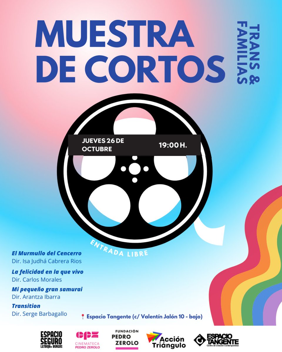¡Nueva #MuestraDeCortosLGTBI! Con motivo de #OctubreTrans proyectaremos una muestra de cortometrajes de temática trans+familias 🏳️⚧️

📅 Jueves 26 OCT, 19:00 h. | 📍 <a href="/espaciotangente/">Espacio Tangente</a> (c/ Valentín Jalón, 10 - bajo) Entrada libre.
<a href="/cinematecapz/">Cinemateca Pedro Zerolo</a>, <a href="/FPedroZerolo/">Fundación Pedro Zerolo</a> y <a href="/acciontriangulo/">Acción Triángulo</a>