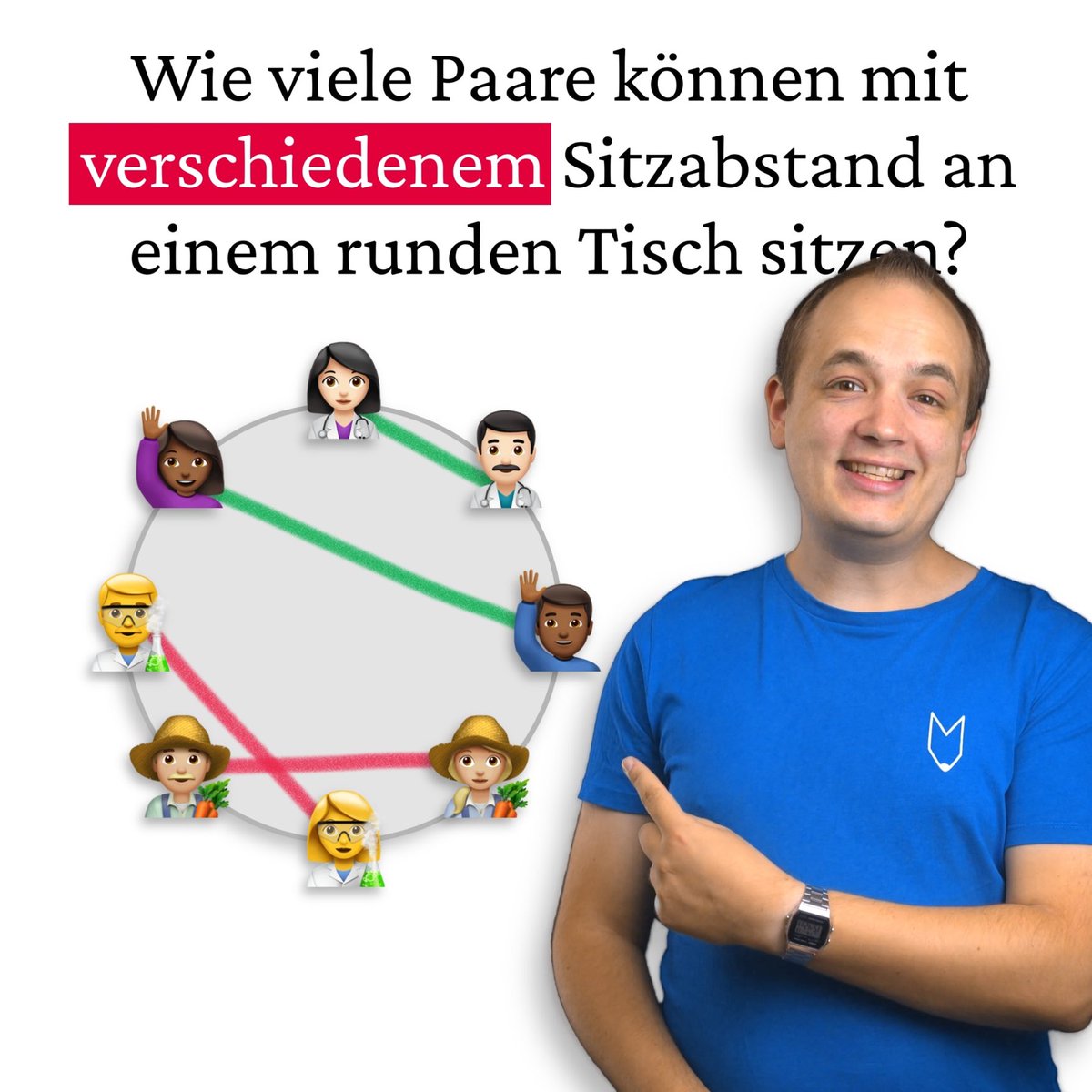 Mit 4 Paaren findet relativ leicht eine Sitzordnung mit verschiedenen Abständen. Aber geht das auch mit 5, 6, 7, 8, ... Paaren? 🤔

Die Antwort gibt es im neusten Video auf meinem YouTube-Kanal.