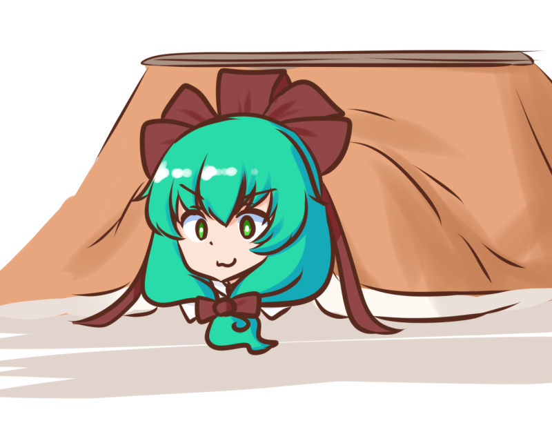 kagiyama hina 1girl green eyes kotatsu green hair table solo under kotatsu  illustration images