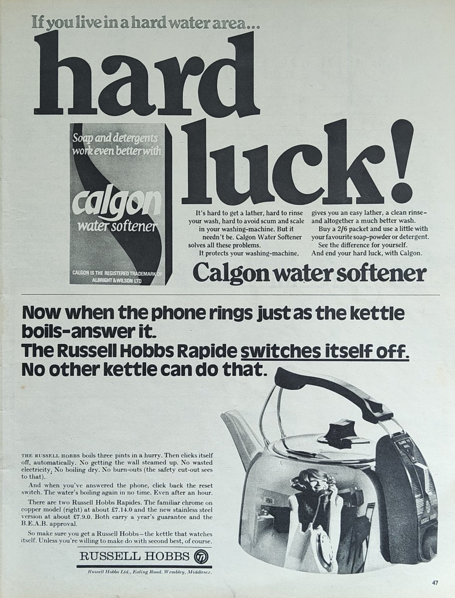 Calgon water softener
---
Russell Hobbs Rapide kettle

Woman's Own
September 14, 1968

#VintageAds #60s #nostalgia
#Calgon #RussellHobbs #WomansOwn #UK