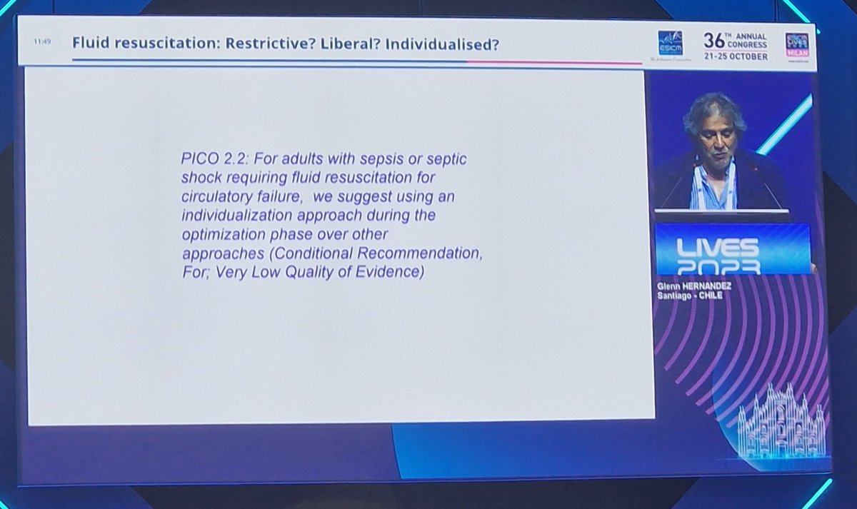 Marikanem1's tweet photo. A great speech from Glenn Hernandez discussing the issue of fluid resuscitation for #sepsis and #septic shock from a multidimensional perspective: Restrictive? Liberal? Individualised?
Many great suggestions from a dynamic point of view @ESICM #LIVES2023 @AlisonSteven3 https://t.co/Kn7nfVx2Lx