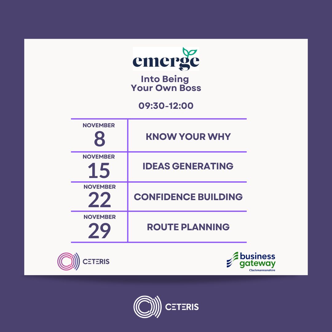 BGatewayClacks (@bgatewayclacks) on Twitter photo Considering the entrepreneurial path? Introducing the 𝗘𝗠𝗘𝗥𝗚𝗘 Into Being Your Own Boss Programme, 4 sessions crafted meticulously to guide aspiring entrepreneurs in Clackmannanshire.
To register for this free programme, please reach out to Jpeebles@ceteris.co.uk 📩 Considering the entrepreneurial path? Introducing the 𝗘𝗠𝗘𝗥𝗚𝗘 Into Being Your Own Boss Programme, 4 sessions crafted meticulously to guide aspiring entrepreneurs in Clackmannanshire.
To register for this free programme, please reach out to Jpeebles@ceteris.co.uk 📩