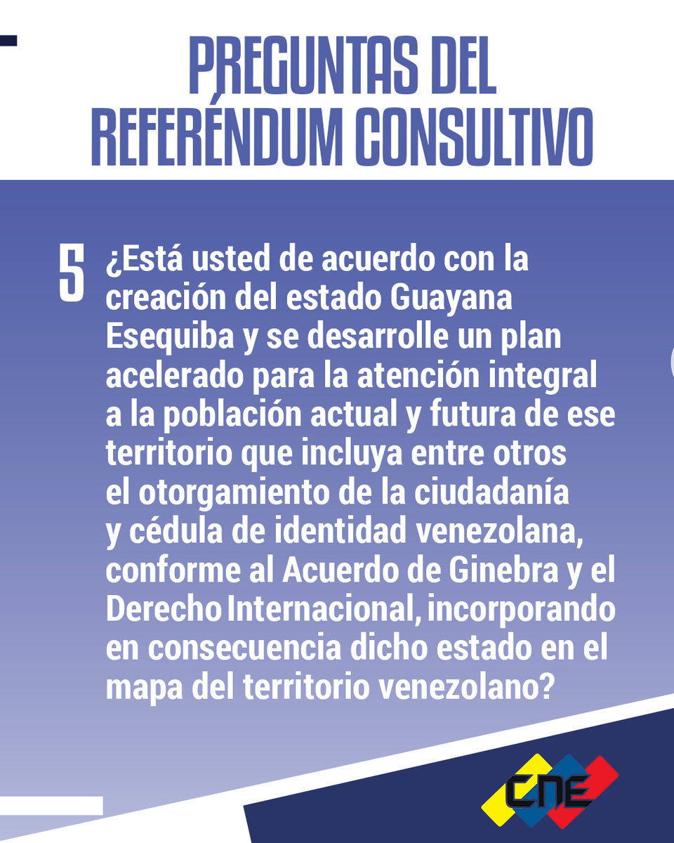 pabloaure's tweet photo. El referendum sobre el Esquibo en poco tiempo opacará la jornada de la primaria de la oposición.
En los próximos días, Venezuela se sumergirá en un debate encarnizado. El oficialismo tratará de apoderarse del sentimiento nacionalista, mientras que, para la oposición resultará difícil argumentar el aplazamiento de la discusión fronteriza. La elección presidencial, aunque ya se proyectó una fecha para realizarla, quizá pueda quedar en suspenso hasta tanto no se resuelva el asunto con la República Cooperativa de Guyana.
La pregunta 4 del referéndum es determinante:  4.- "Está usted de acuerdo en oponerse, por todos los medios conforme a Derecho, a la pretensión de Guyana de disponer unilateralmente de un mar pendiente por delimitar, de manera ilegal y en violación del derecho internacional"
Nos preguntamos: ¿Hasta dónde estaríamos dispuestos llegar para resolver en este momento un problema de casi siglo y medio de existencia? ¿Será que los militares se embarcan en una batalla parecida a la "suicida" acción de Las Malvinas?
En todo caso, el escenario resulta confuso para Venezuela y desde luego, para la salida del régimen del poder. Aquí pudieran emerger nuevos líderes: dentro y fuera del oficialismo. De lo que si estoy convencido es de que régimen generará esta crisis como tabla de salvación mediante una maniobra muy arriesgada para el país, con el fin de alargar su permanencia en el poder. Si no le sale bien, probablemente precipitará su fin. Todo dependerá del comportamiento de los líderes opositores e inclusive, de la obediencia y sensatez del sector militar.