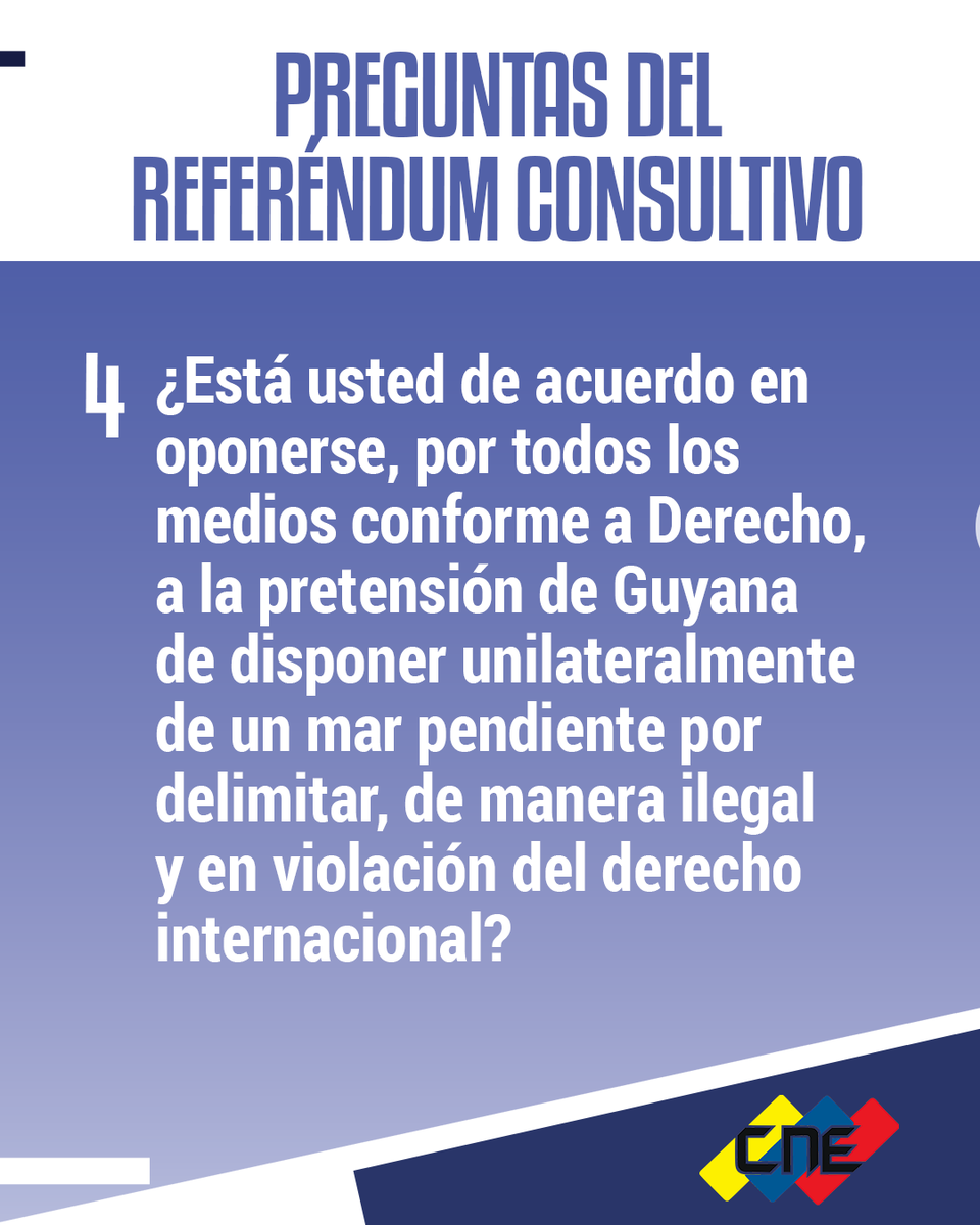 pabloaure's tweet photo. El referendum sobre el Esquibo en poco tiempo opacará la jornada de la primaria de la oposición.
En los próximos días, Venezuela se sumergirá en un debate encarnizado. El oficialismo tratará de apoderarse del sentimiento nacionalista, mientras que, para la oposición resultará difícil argumentar el aplazamiento de la discusión fronteriza. La elección presidencial, aunque ya se proyectó una fecha para realizarla, quizá pueda quedar en suspenso hasta tanto no se resuelva el asunto con la República Cooperativa de Guyana.
La pregunta 4 del referéndum es determinante:  4.- "Está usted de acuerdo en oponerse, por todos los medios conforme a Derecho, a la pretensión de Guyana de disponer unilateralmente de un mar pendiente por delimitar, de manera ilegal y en violación del derecho internacional"
Nos preguntamos: ¿Hasta dónde estaríamos dispuestos llegar para resolver en este momento un problema de casi siglo y medio de existencia? ¿Será que los militares se embarcan en una batalla parecida a la "suicida" acción de Las Malvinas?
En todo caso, el escenario resulta confuso para Venezuela y desde luego, para la salida del régimen del poder. Aquí pudieran emerger nuevos líderes: dentro y fuera del oficialismo. De lo que si estoy convencido es de que régimen generará esta crisis como tabla de salvación mediante una maniobra muy arriesgada para el país, con el fin de alargar su permanencia en el poder. Si no le sale bien, probablemente precipitará su fin. Todo dependerá del comportamiento de los líderes opositores e inclusive, de la obediencia y sensatez del sector militar.