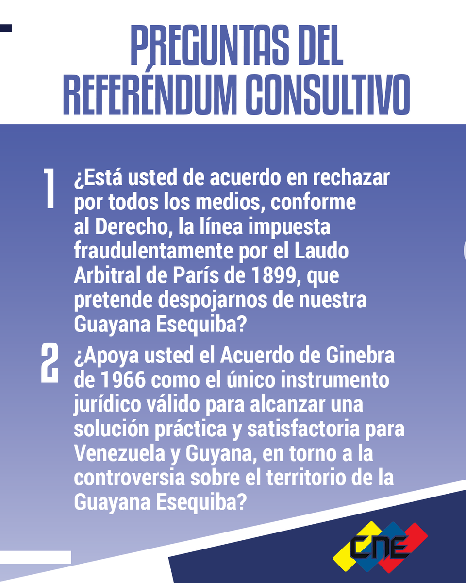 pabloaure's tweet photo. El referendum sobre el Esquibo en poco tiempo opacará la jornada de la primaria de la oposición.
En los próximos días, Venezuela se sumergirá en un debate encarnizado. El oficialismo tratará de apoderarse del sentimiento nacionalista, mientras que, para la oposición resultará difícil argumentar el aplazamiento de la discusión fronteriza. La elección presidencial, aunque ya se proyectó una fecha para realizarla, quizá pueda quedar en suspenso hasta tanto no se resuelva el asunto con la República Cooperativa de Guyana.
La pregunta 4 del referéndum es determinante:  4.- "Está usted de acuerdo en oponerse, por todos los medios conforme a Derecho, a la pretensión de Guyana de disponer unilateralmente de un mar pendiente por delimitar, de manera ilegal y en violación del derecho internacional"
Nos preguntamos: ¿Hasta dónde estaríamos dispuestos llegar para resolver en este momento un problema de casi siglo y medio de existencia? ¿Será que los militares se embarcan en una batalla parecida a la "suicida" acción de Las Malvinas?
En todo caso, el escenario resulta confuso para Venezuela y desde luego, para la salida del régimen del poder. Aquí pudieran emerger nuevos líderes: dentro y fuera del oficialismo. De lo que si estoy convencido es de que régimen generará esta crisis como tabla de salvación mediante una maniobra muy arriesgada para el país, con el fin de alargar su permanencia en el poder. Si no le sale bien, probablemente precipitará su fin. Todo dependerá del comportamiento de los líderes opositores e inclusive, de la obediencia y sensatez del sector militar.