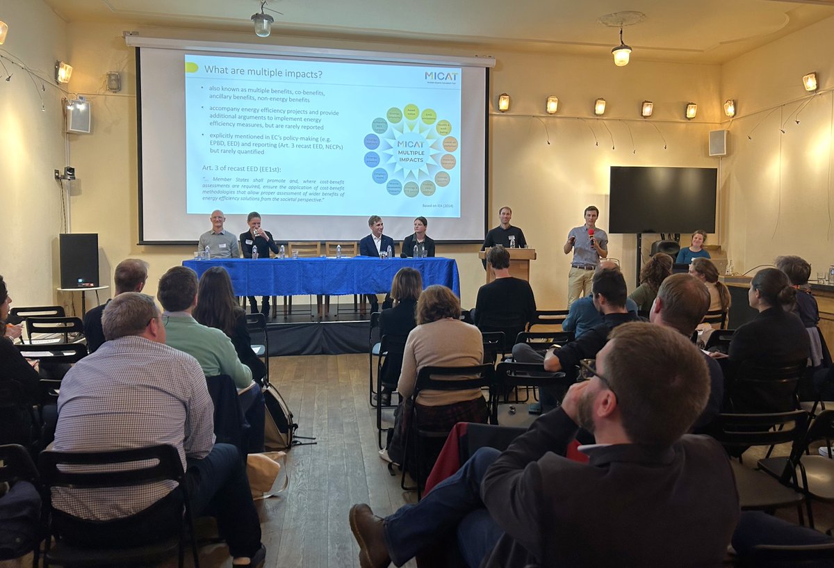 @FraunhoferISI's Frederic Berger introduces the #mulitpleimpacts of #energyefficiency that are quantified by the MICAT project. Want to learn more yourself? Visit the website⬇️ 🖥️micatool.eu