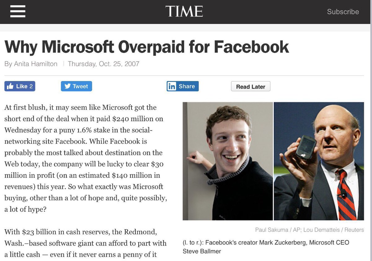 Microsoft acquired a 1.6% stake in Facebook for $240 million on this day in 2007.

Today, 1.6% would be worth $12.9 billion.