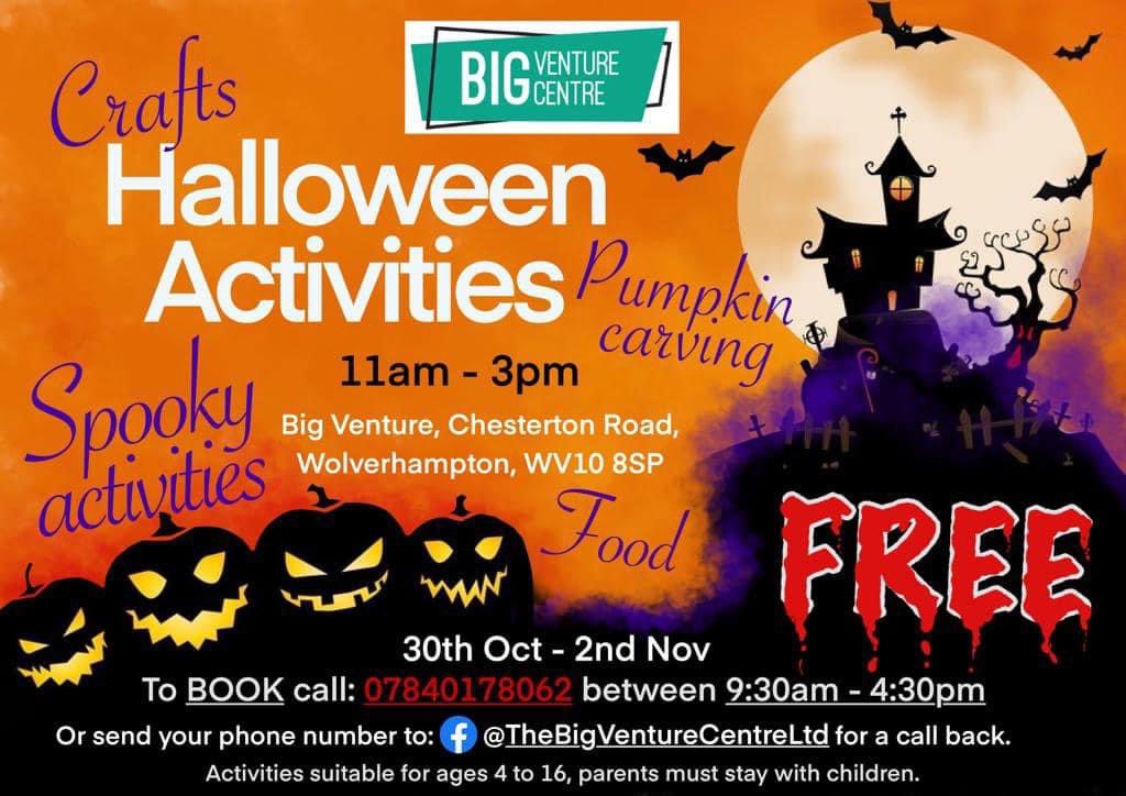 Come along and join us this half term, please share, booking line open! 🎃🎃<a href="/BushburyHillEMB/">Bushbury Hill EMB</a> <a href="/WolvesCouncil/">Wolves Council</a> <a href="/CommunityOffer/">WolvesCommunityOffer</a> <a href="/wwfcfoundation/">Wolves Foundation</a> <a href="/WolvesPolice/">Wolverhampton Police</a> <a href="/WolvesHomes/">Wolverhampton Homes</a> <a href="/dbproductions20/">D&B Productions</a> <a href="/wccul/">Wolves Credit Union</a> <a href="/CAATServices/">CA&TS</a> <a href="/wv10consortium/">WV10 Consortium</a>
