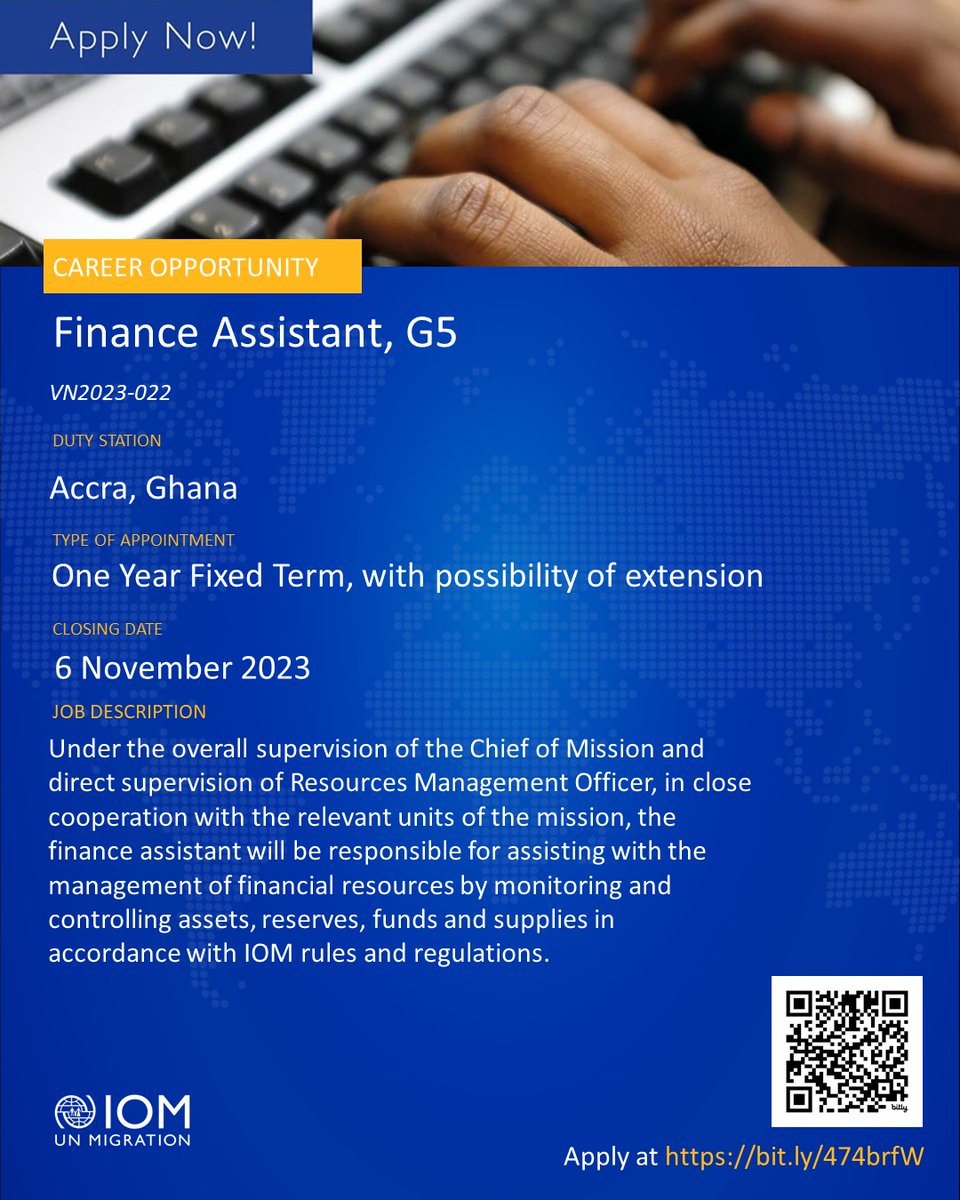 IOMGhana's tweet photo. Vacancy Opportunities!!!

IOM is looking for a Senior Finance Assistant and a Finance Assistant.

Application deadline: 6 November 2023
All information &amp; how to apply here: https://t.co/vdklWpUoJg https://t.co/G5TsDm758v