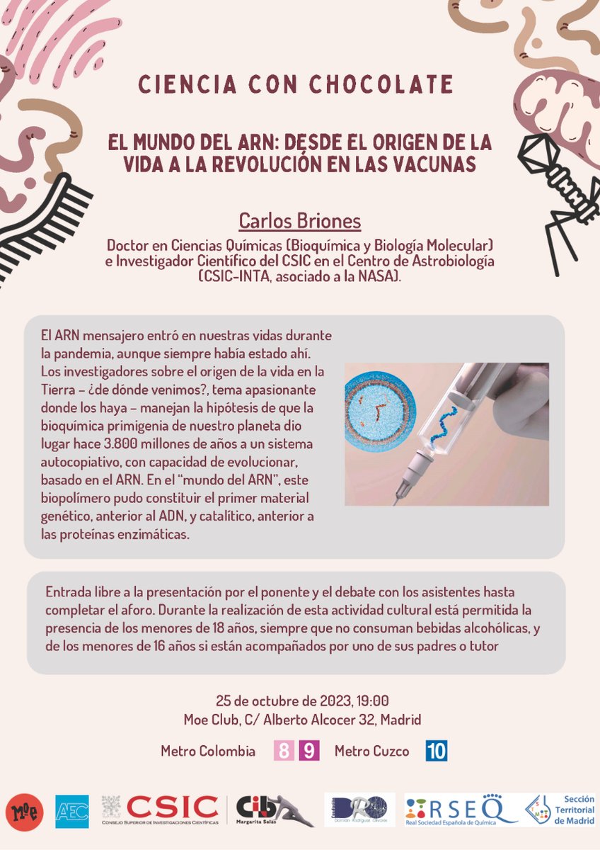 CIB_CSIC's tweet image. #CienciaConChocolate

El Mundo del #ARN: desde el origen de la vida a la revolución en las vacunas.

Carlos Briones (@brionesci), @C_Astrobiologia (@CSIC- @INTA)
📅25 de octubre de 2023
🕙19:00h
@MOECLUB