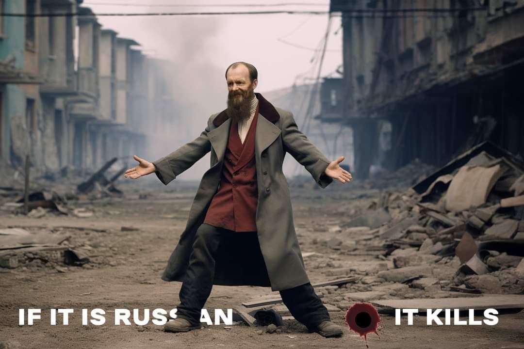 imaximay's tweet photo. «Great russian culture» is merely a curtain to cover the cannibalistic essence of the russian state. 📷Martyn Yakub + AI #RussiaisATerroistState https://t.co/UYzOKSQSob