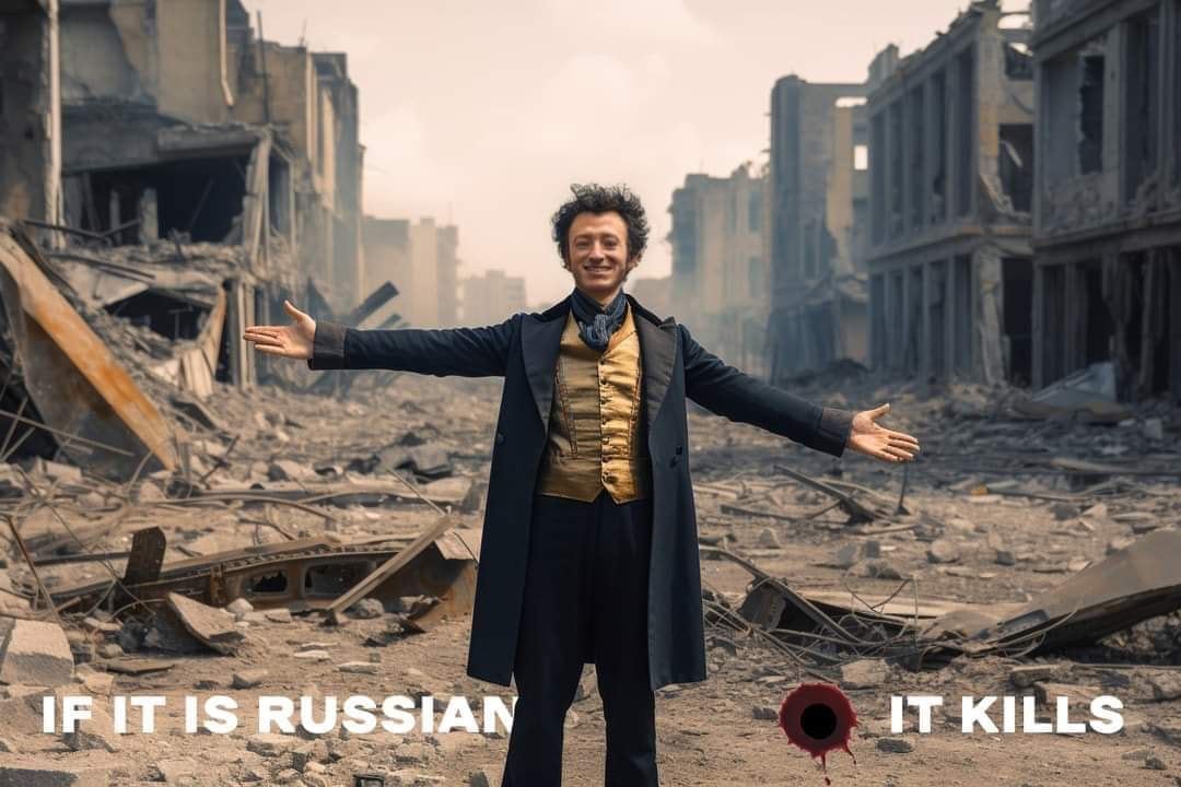 imaximay's tweet photo. «Great russian culture» is merely a curtain to cover the cannibalistic essence of the russian state. 📷Martyn Yakub + AI #RussiaisATerroistState https://t.co/UYzOKSQSob