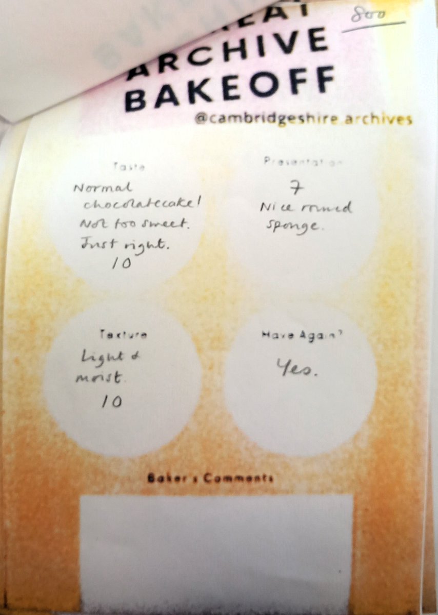 CambsArchives's tweet image. Our second bake in Archives #BackOff backlog is Yaye's 'Hungarian Chocolate Cake' from Emma Currie's recipe book. 

Strangely there was no detectable Hungarian ingredient. Comments from the judges included “nice chocolate flavour” and “very edible”.
Ref: 292/Z18