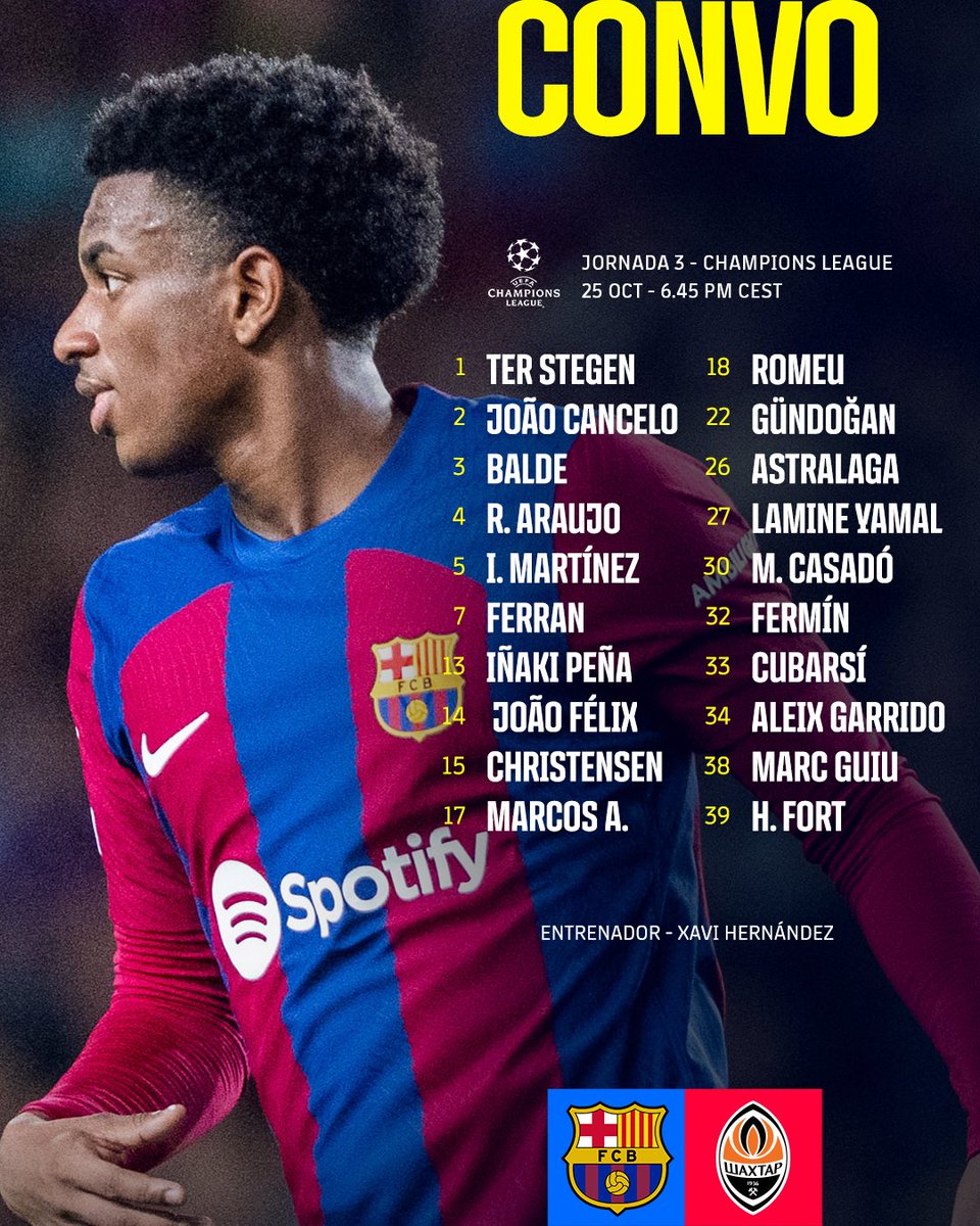 FCBarcelona's tweet photo. 🚨 The squad for #BarçaShakhtar in the @ChampionsLeague! 🚨 https://t.co/47zKXiLiZ3
