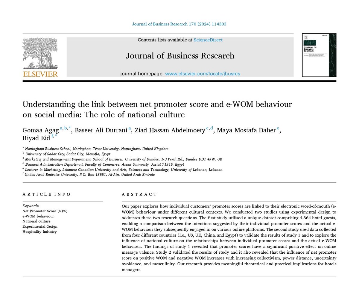 MktResearchNBS's tweet photo. How do #customers #NetPromoterScores affect their #eWOM behaviors like recommending #firms to others? Our colleagues, Dr Gomaa Agag & Dr. Baseer Ali Durrani and their co-authors answers this question. Article 👉
https://t.co/XLWh96coXW
#NPS #eWOM #Nationalculture #NTU_Research https://t.co/N3LM4der8L