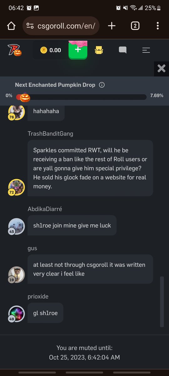 TheAntiShaw's tweet photo. Got muted on CSGORoll because i asked if Sparkles will receive a ban after doing Real World Trading (he recently sold his glock fade for real money) its the fee for exposing the truth @CSGOEmpireV2 @JoopiiMonarch https://t.co/tuyehHswxM