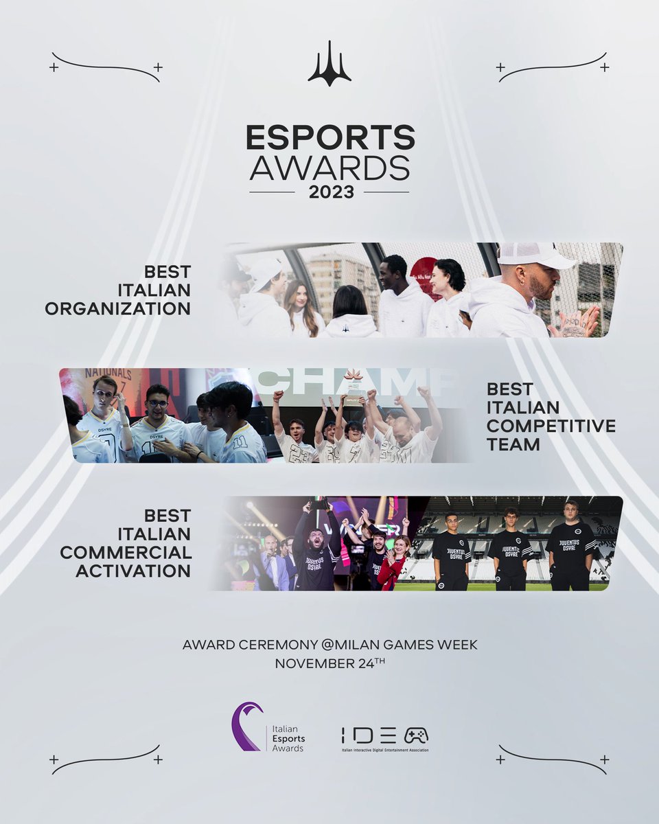 We are pleased to announce that we have been nominated for three prestigious awards at the Italian Esports Awards by <a href="/IIDEAssociation/">IIDEA</a> :

• Best Italian Organization
• Best Italian Competitive Team
• Best Italian Commercial Activation w/ <a href="/juventusfc/">JuventusFC</a> 

We are thrilled to see the