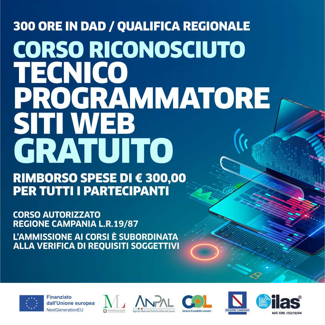 ilascom's tweet image. CORSO RICONOSCIUTO TECNICO PROGRAMMATORE SITI WEB GRATUITO / 300 ORE IN DAD / QUALIFICA REGIONALE
CORSO AUTORIZZATO REGIONE CAMPANIA L.R.19/87
Prenota ora: ilas.com/website/news.p…
#programmatore #developer #sitiweb #sitoweb #corsigratuiti #napoli